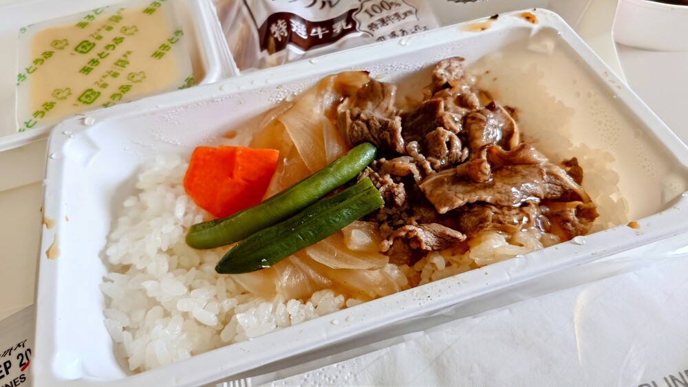 アシアナ航空OZ107 成田→ 韓国(仁川) エコノミークラス すき焼き丼